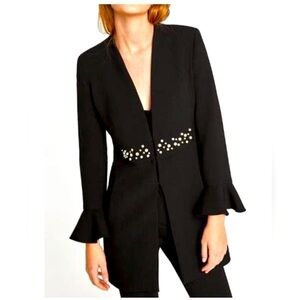 Zara Black Collarless Coat With Faux Pearls XL